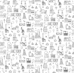 Seamless background hand drawn doodle Factory set Vector illustration Sketchy cartoon Industrial factory icons Factory building Manufacture Eco concept Pipe with smoke Pollution Recycling Tree Plant