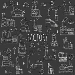 Hand drawn doodle Factory set Vector illustration Sketchy cartoon Industrial factory icons Factory building Manufacture building Eco concept Pipe with smoke Pollution Recycling Tree Plant Leaves