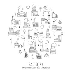 Hand drawn doodle Factory set Vector illustration Sketchy cartoon Industrial factory icons Factory building Manufacture building Eco concept Pipe with smoke Pollution Recycling Tree Plant Leaves