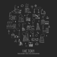 Hand drawn doodle Factory set Vector illustration Sketchy cartoon Industrial factory icons Factory building Manufacture building Eco concept Pipe with smoke Pollution Recycling Tree Plant Leaves