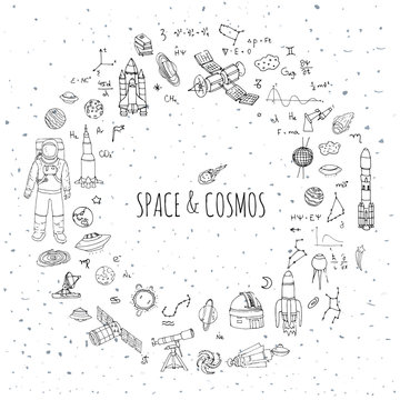 Hand drawn doodle Space and Cosmos set Vector illustration Universe icons Space concept elements Rocket Space ship symbols collection Solar system Planets Galaxy Milky Way Astronaut Tech freehand icon
