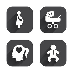 Maternity icons. Baby infant, pregnancy, buggy.