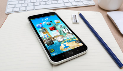 Workplace with modern mobile phone