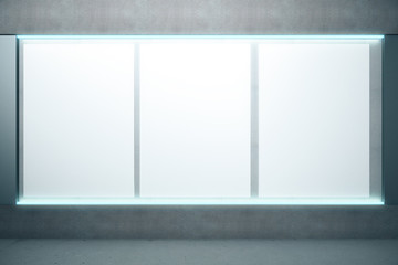 Blank glowing posters on the wall, mock up, 3D Render