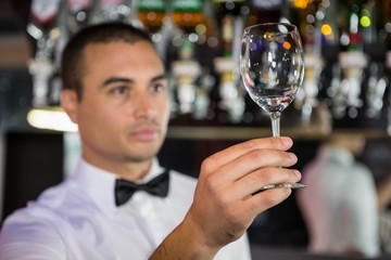Barkeeper checking a wine glass