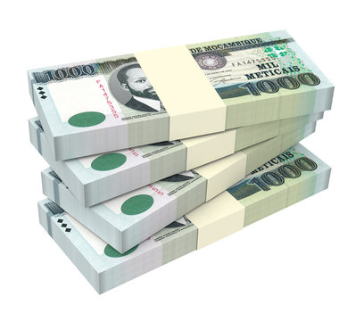 Mozambican meticais bills isolated on white background. Computer generated 3D photo rendering.