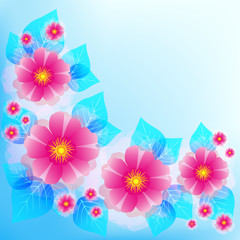 Festive blue background with pink flowers and leaves