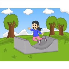 Obraz na płótnie Canvas Children playing roller skate at the park cartoon