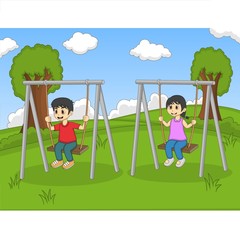 Children play swing in the park cartoon