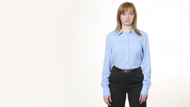 gesture Shrug. girl in pants and blous.  Isolated on white background. body language. women gestures. nonverbal cues