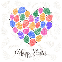 Composition with easter eggs hand drawn black on white background. Easter greeting card. Easter eggs with colorful leaves and leaves in heart shape.