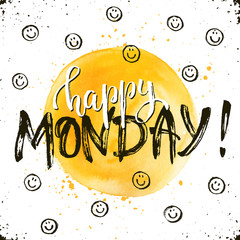 Happy monday text hand drawn with dry brush. Bright and modern ink lettering for posters and greeting cards design. Inspirational phrase with smileys on white background.