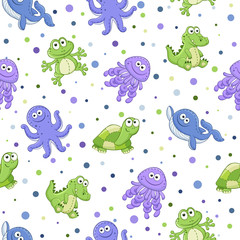 Seamless pattern with stuffed toys. Cute cartoon animals background. Turtle, crocodile, octopus, jellyfish, frog and whale.