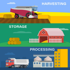 Agriculture design concept set with of the process of harvesting crops, starage and processing of factory