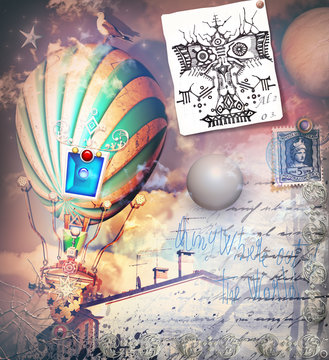 Steampunk and old fashioned montgolfiers with old postcard and scraps
