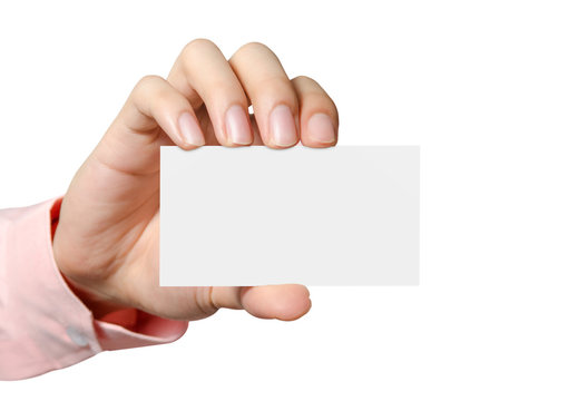 Hand hold blank business card on white background.