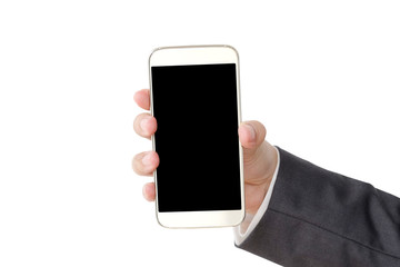 Business man hand holding smart phone on white background