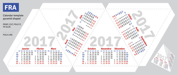 Template french calendar 2017 pyramid shaped, vector