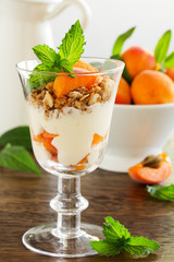 Yogurt with granola and apricots, selective focus