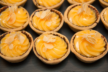 Yellow Lemon Tarts Sit On A Kitchen Baking Tray
