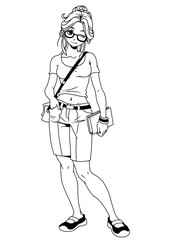 College girl in glasses,illustration,ink,black and white,logo,outline,isolated on a white