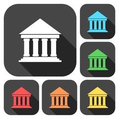 Bank building icons, Court building icons set with long shadow
