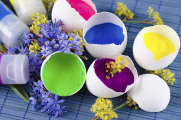 Easter decoration with spring flowers and egg shell
