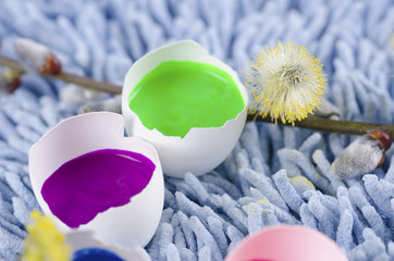 Yellow pad and Easter decoration with egg shells and hellebore plus tempera paint