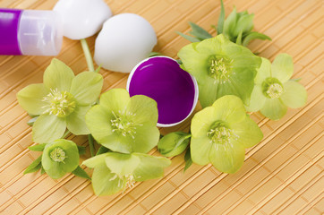 Yellow pad and Easter decoration with egg shells and hellebore plus tempera paint