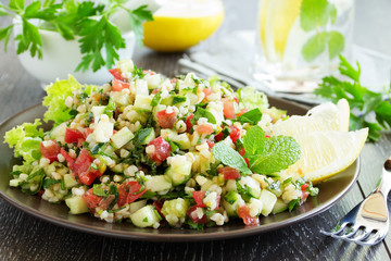 Tabbouleh salad with bulgur and parsley.