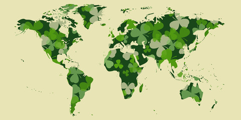 Vector St Patrick's day card. Green clover leaves on world map shape and white or beige background. Irish spring design for card, invitation or greeting, website. International holiday