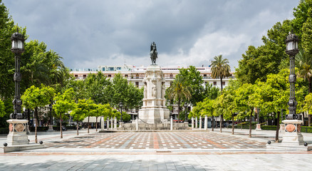 Plaza Nueva with statue of Ferdinand III of Castile. Seville. Spain.