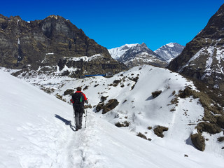 Fototapeta na wymiar Trekker going to Annapurna Base Camp