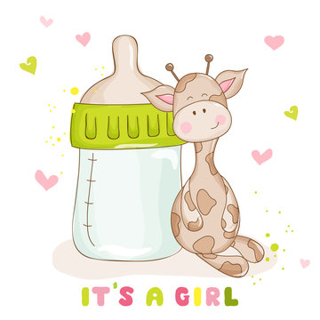 Baby Shower or Baby Arrival Cards - Cute Baby Giraffe - in vector
