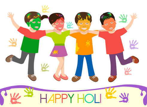 Illustration of dirty kids in different colors playing Holi with color hand prints. Happy Holi