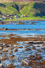Beach with seaweed and the coastal village