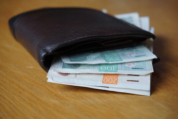Detail of Czech currency (Czech Crowns, CZK, Kč, Kc) in the leather wallet