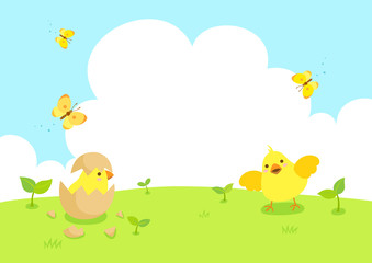 Happy Easter with cute chicks and butterfly.Spring background