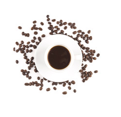 cup of coffee on top. Coffee beans isolated.