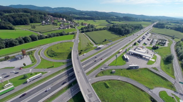 Aerial shoot of a highway near the town