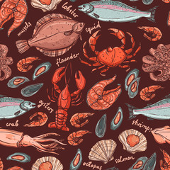 Cotton fabric Pattern with seafood hand drawn color elements on dark background with lobster, octopus, squid, salmon, flounder, crab, mussels, oysters and shrimps