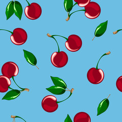 Seamless vector illustration of ripe cherries on a blue background. Berries cherries with stems and green leaves.
