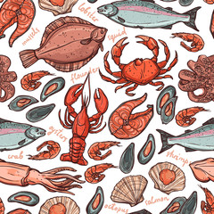 Pattern with seafood hand drawn color elements with lobster, octopus, squid, salmon, flounder, crab, mussels, oysters and shrimps on white background