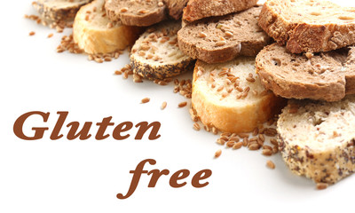 Sliced bread and text Gluten free isolated on white background