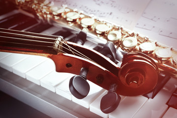 Musical instruments on piano close up