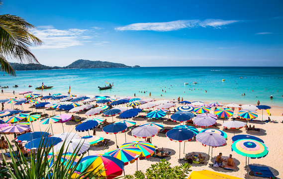 Fototapeta Crowds of tourists at Patong beach in Phuket, Thailand.