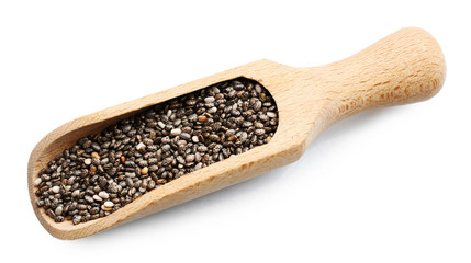 Chia seeds in scoop on white background