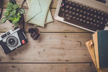 Retro objects on wooden table