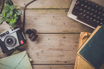Retro objects on wooden table