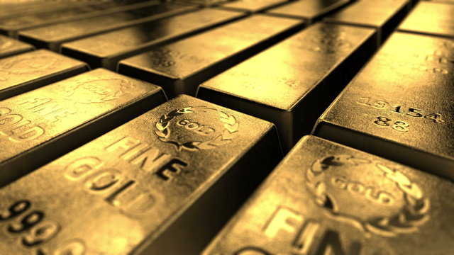 Loopable video 4096x2304 4K - Close-up view of shiny gold bars stacked up in perfect rows with ambient light reflected from its surfaces. Concept of banking and ultimate wealth.